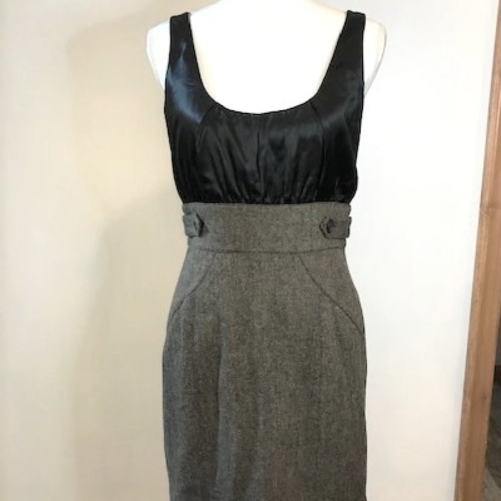 BEBE Black Brown Scoop Neck Silk Top Wool Mini Dress Buttons Waist Size Medium